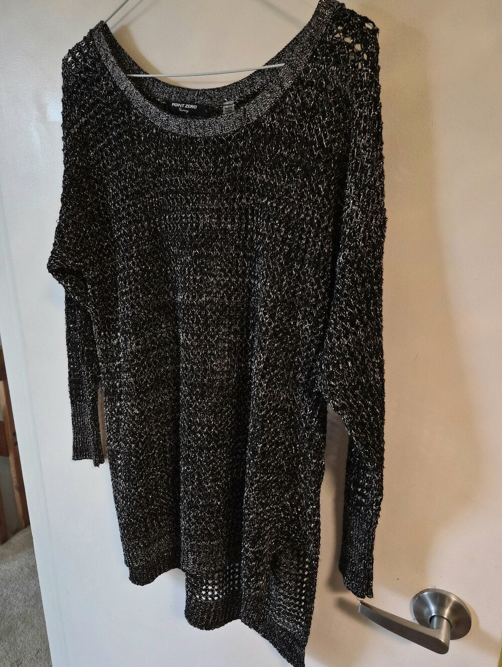 Y2K Point Zero Metallic Black And Silver Open-Weave Boatneck Sweater - Picture 3 of 7